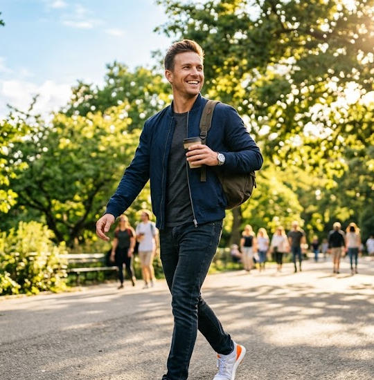 Žena kráčí v ranním parku za svítání